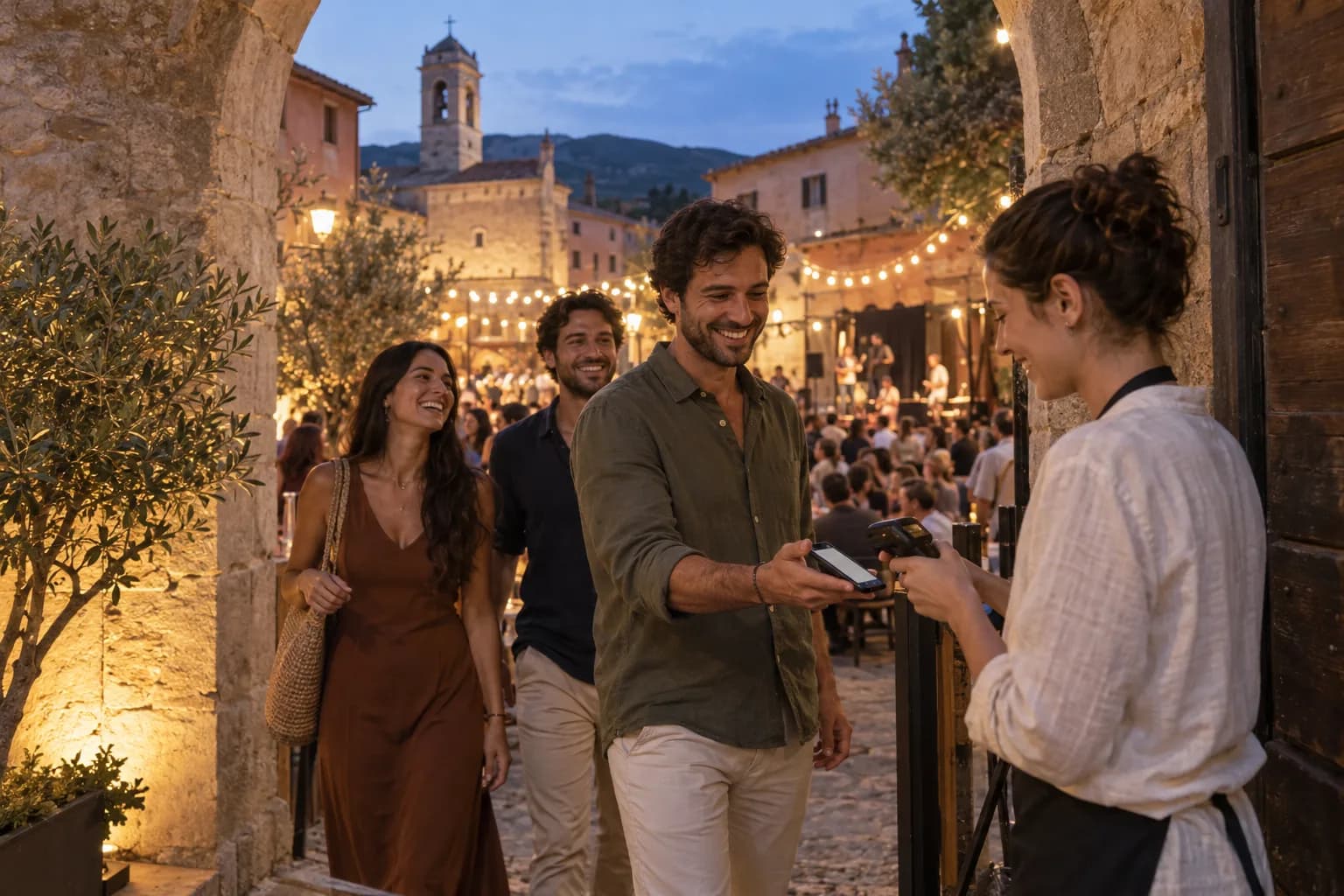 Amici accolti all’ingresso di una festa di paese, sotto le luci della piazza