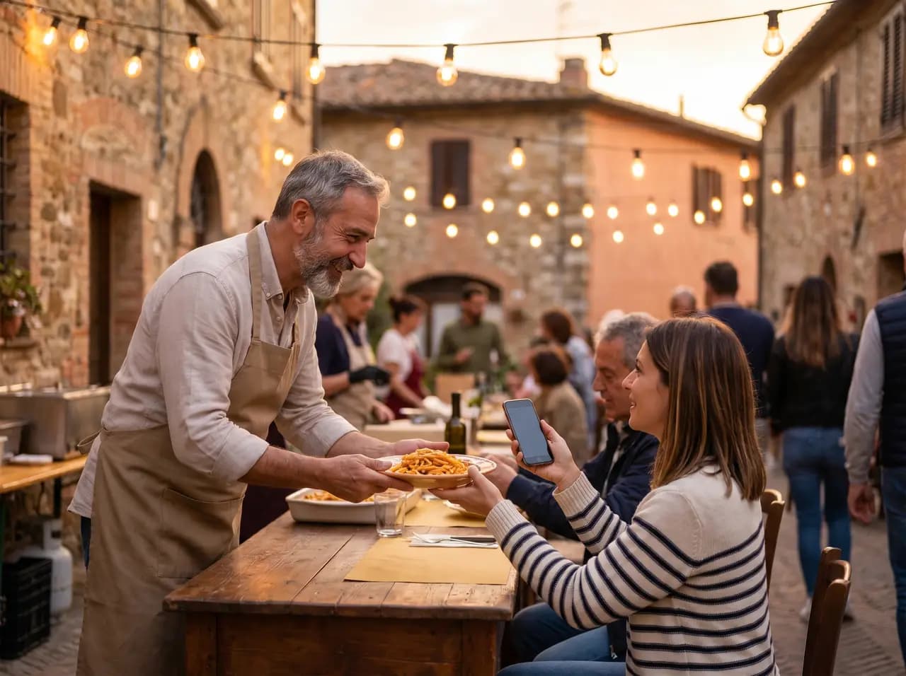 Una tavolata e un incontro tra persone durante una sagra in un borgo italiano